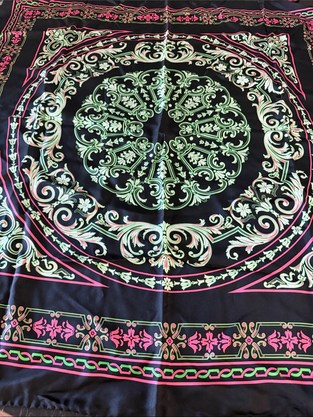 Saks Fifth Avenue Black Scarf with Neon Green and Pink Baroque Print